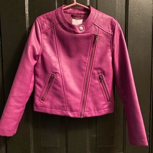 Kids magenta Moto Jacket with zipper pockets.
